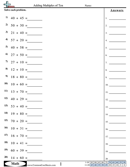Addition Worksheets - Adding Multiples of Ten worksheet